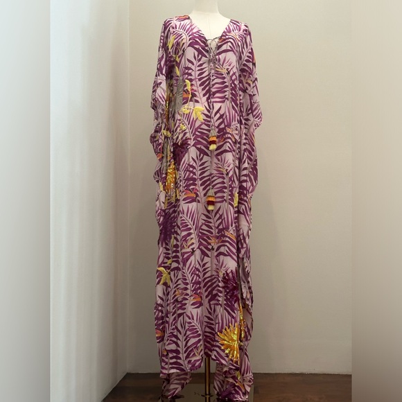 Taj by Sabrina Crippa Beautiful Beaded Lilac Palm Leaf Silk Kaftan -NWT - Picture 1 of 16